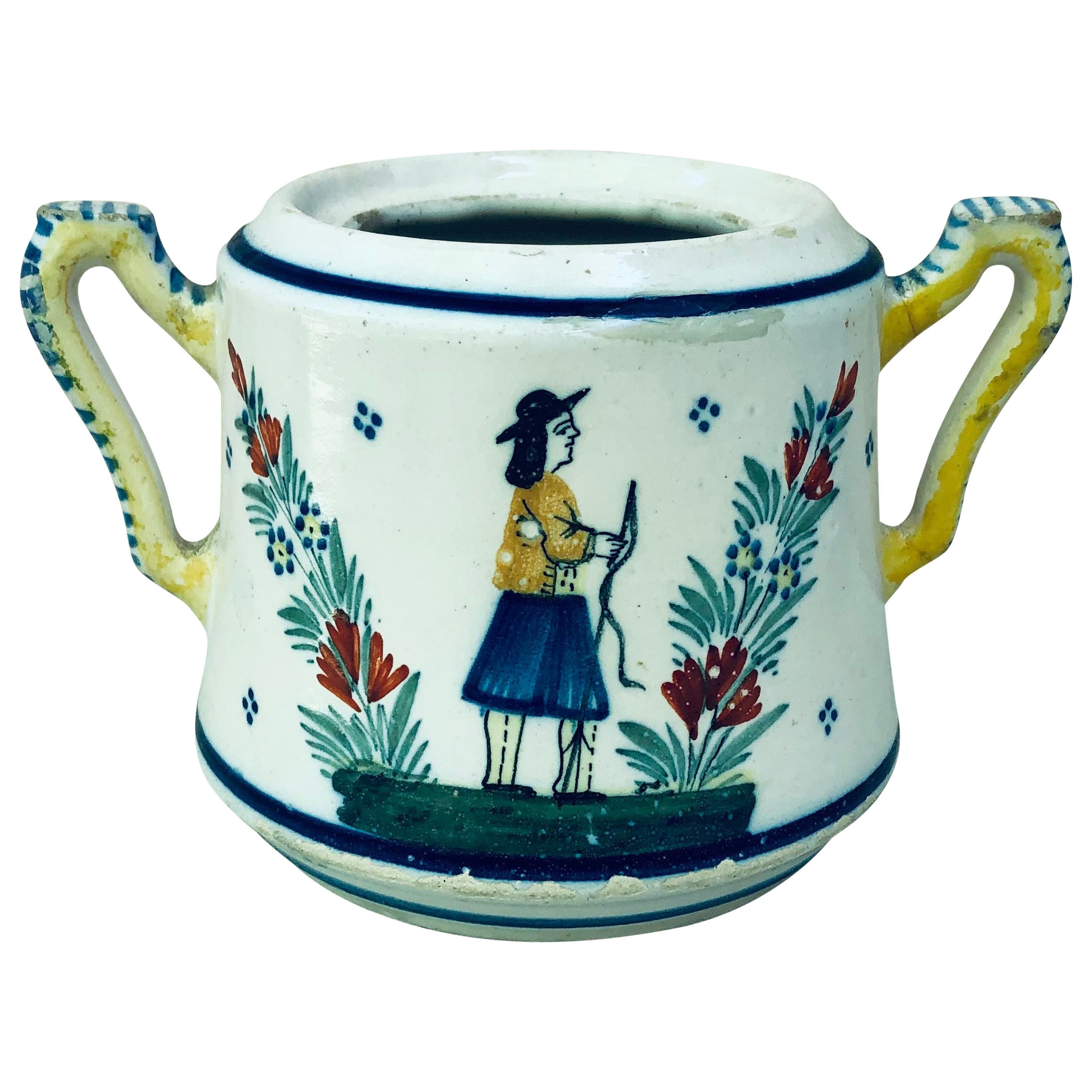 French Faience Handled Pot Henriot Quimper, Circa 1900 For Sale