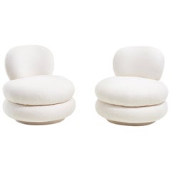 Stacked Pouf Swivel Lounge Chairs in White Boucle
