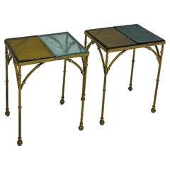 Regency Style Heavy Cast Brass and Hand Blown Glass Faux Bamboo Tables, Pair