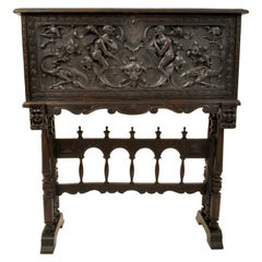 Antique 19th Century Spanish Baroque Carved Vargueno Desk Cabinet on Stand, 1880