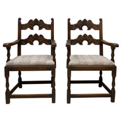 Used Early Kittinger Carved Oak Jacobean Style Bergere Chairs, Pair