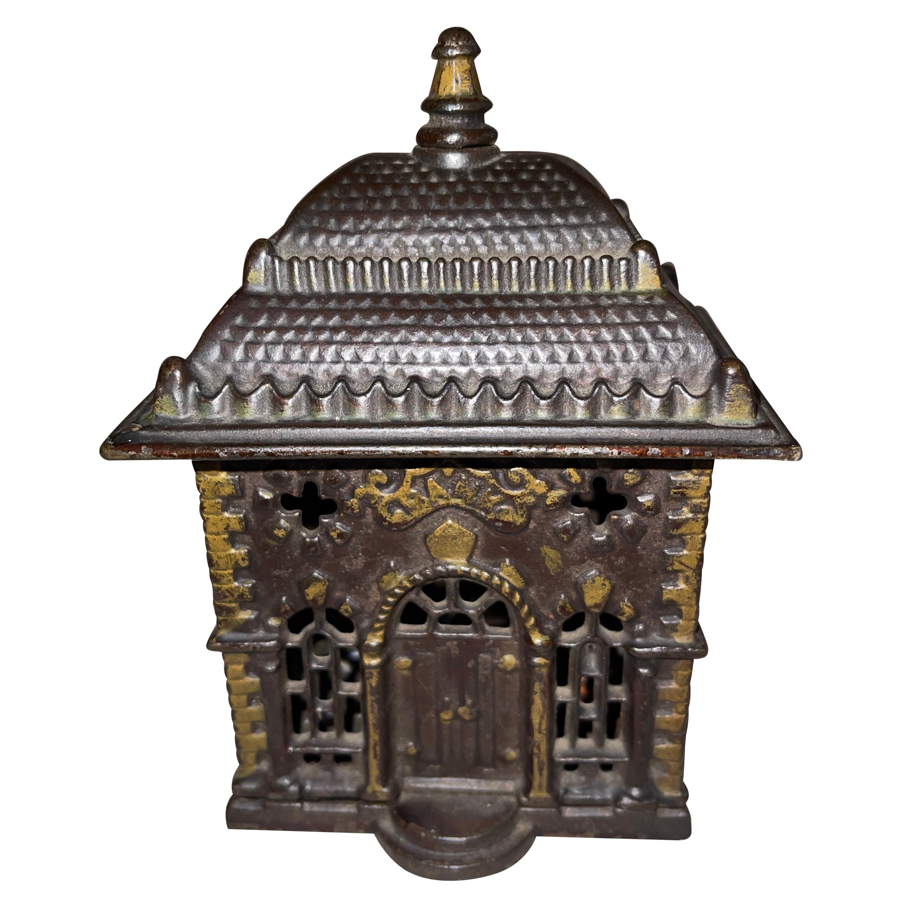 Antique Cast Iron Bank Building, Original Paint, ca. 1900