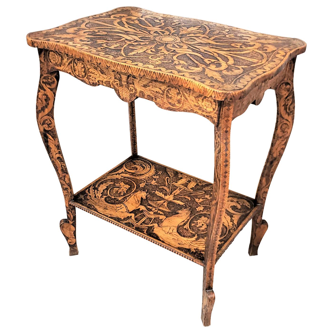 Antique Folk Art Ornately Decorated Pyro Two Tiered Accent Table For ...