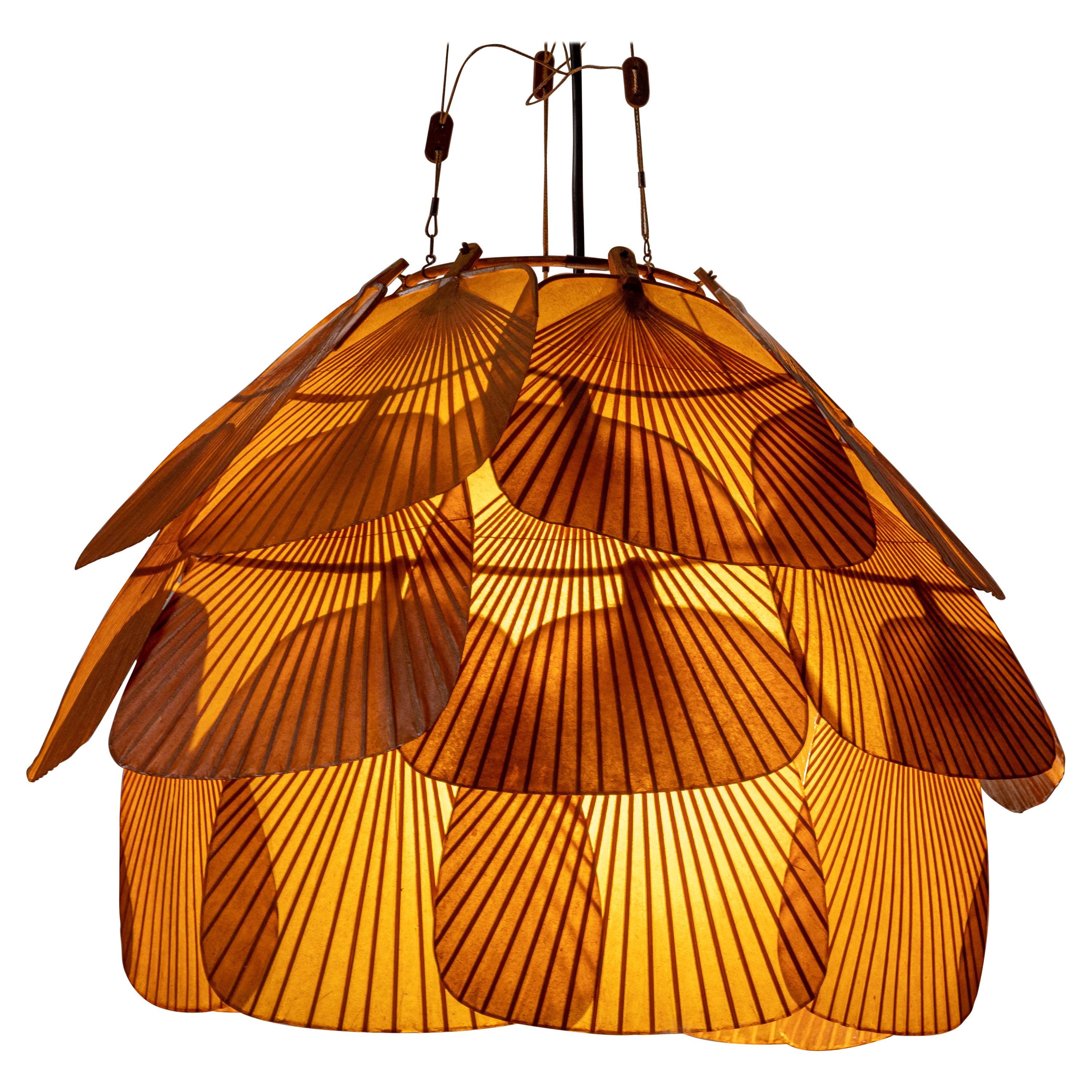 Ingo Maurer Uchiwa Fan Ceiling Lamp in Lacquered Rice-Paper and Bamboo, 1970's