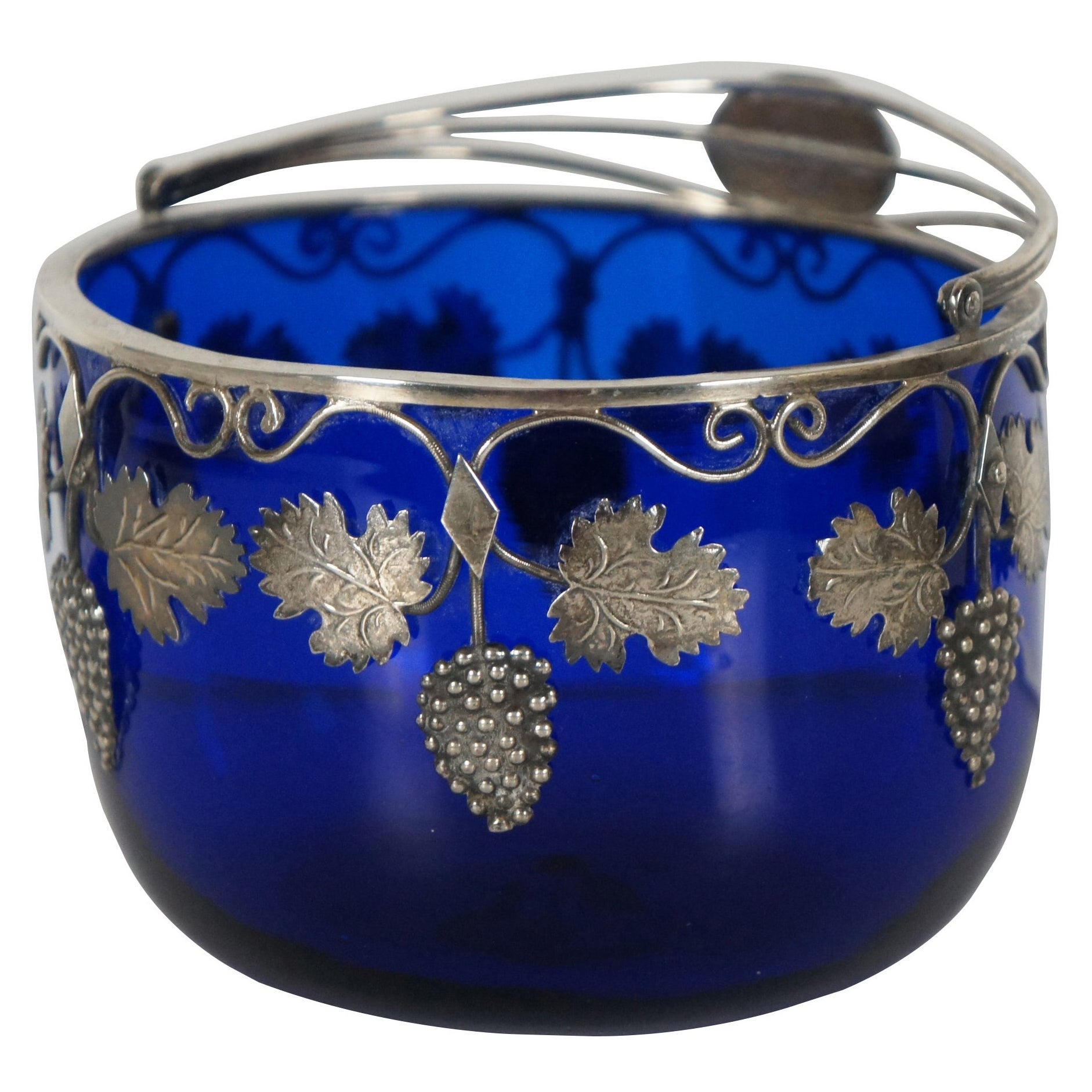 1828 Antique European Sterling Silver 925 Cobalt Glass Candy Sugar Bowl Basket