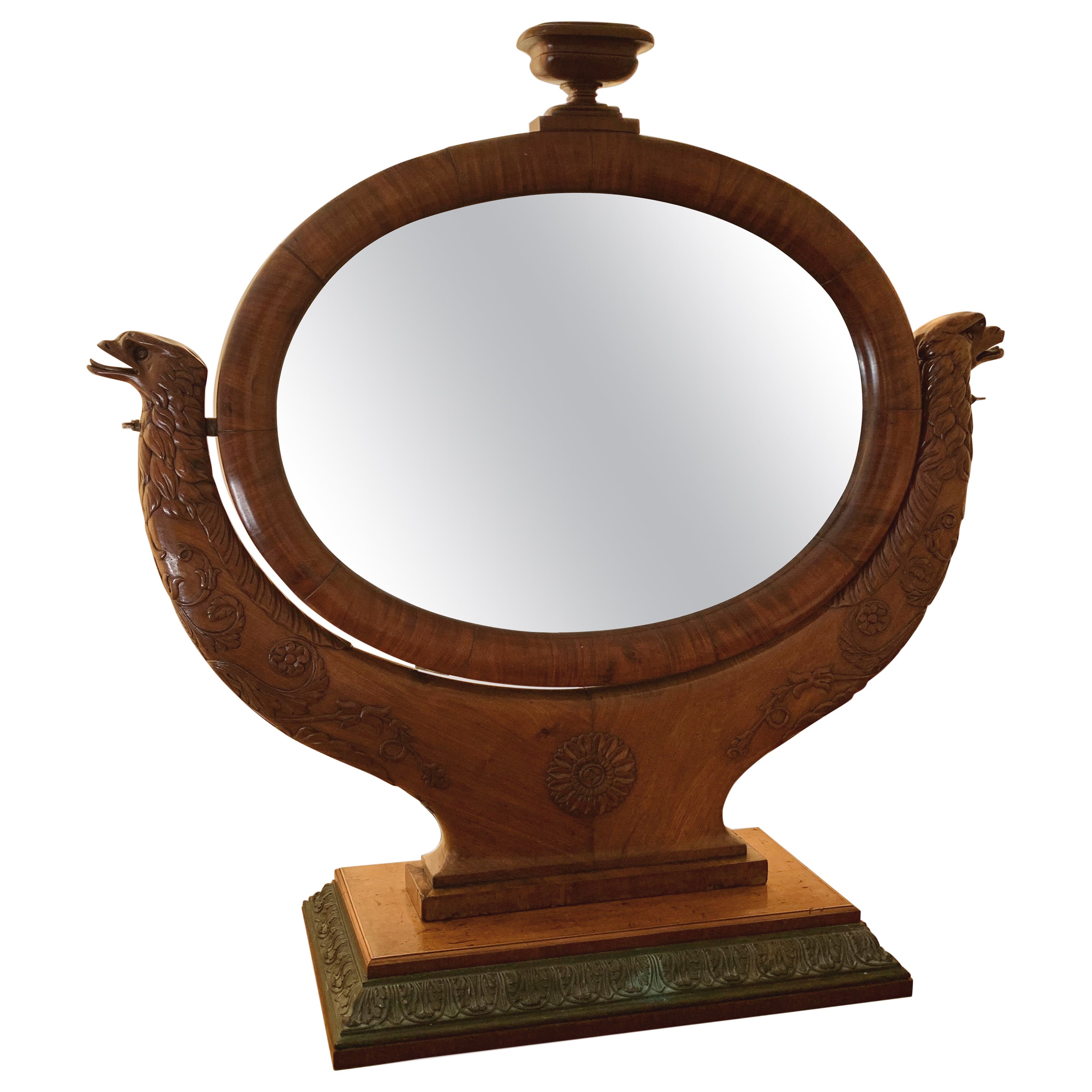 Miroir de coiffeuse ovale français du 19ème siècle en acajou