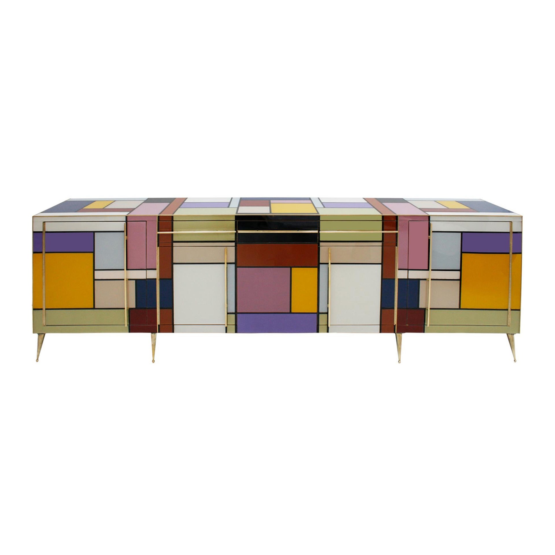 Mid-Century Modern Solid Wood and Colored Glass Italian Sideboard For Sale