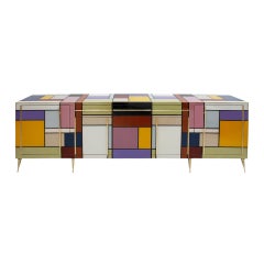 Vintage Mid-Century Modern Solid Wood and Colored Glass Italian Sideboard