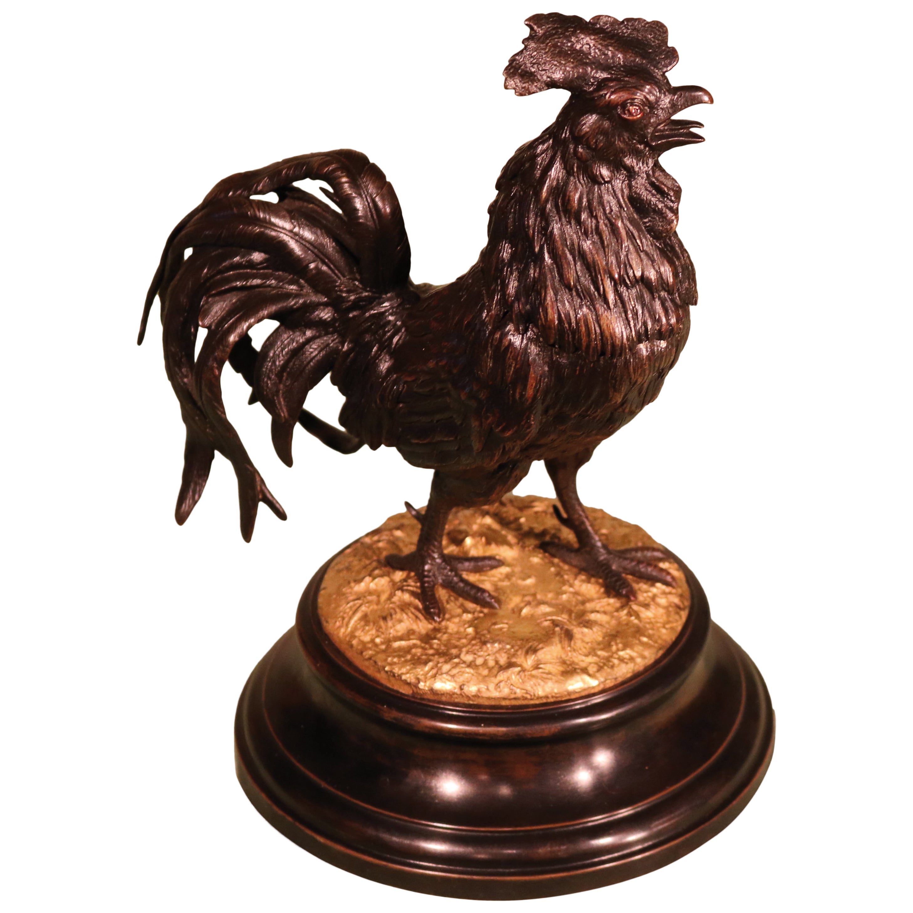Unusual Mid 19th Century Bronze & Ormolu Inkwell in the Form of Well-Cast Coc For Sale