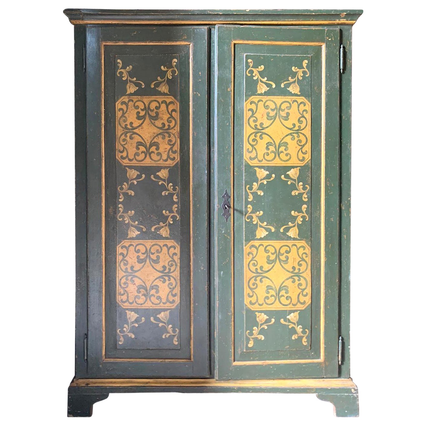 Antique Green and Yellow Painted Double Door Wardrobe, 19th Century Italy