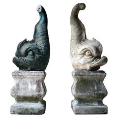 Large Pair of 20thC Cast Stone Dolphins On Plinths, c.1940-60