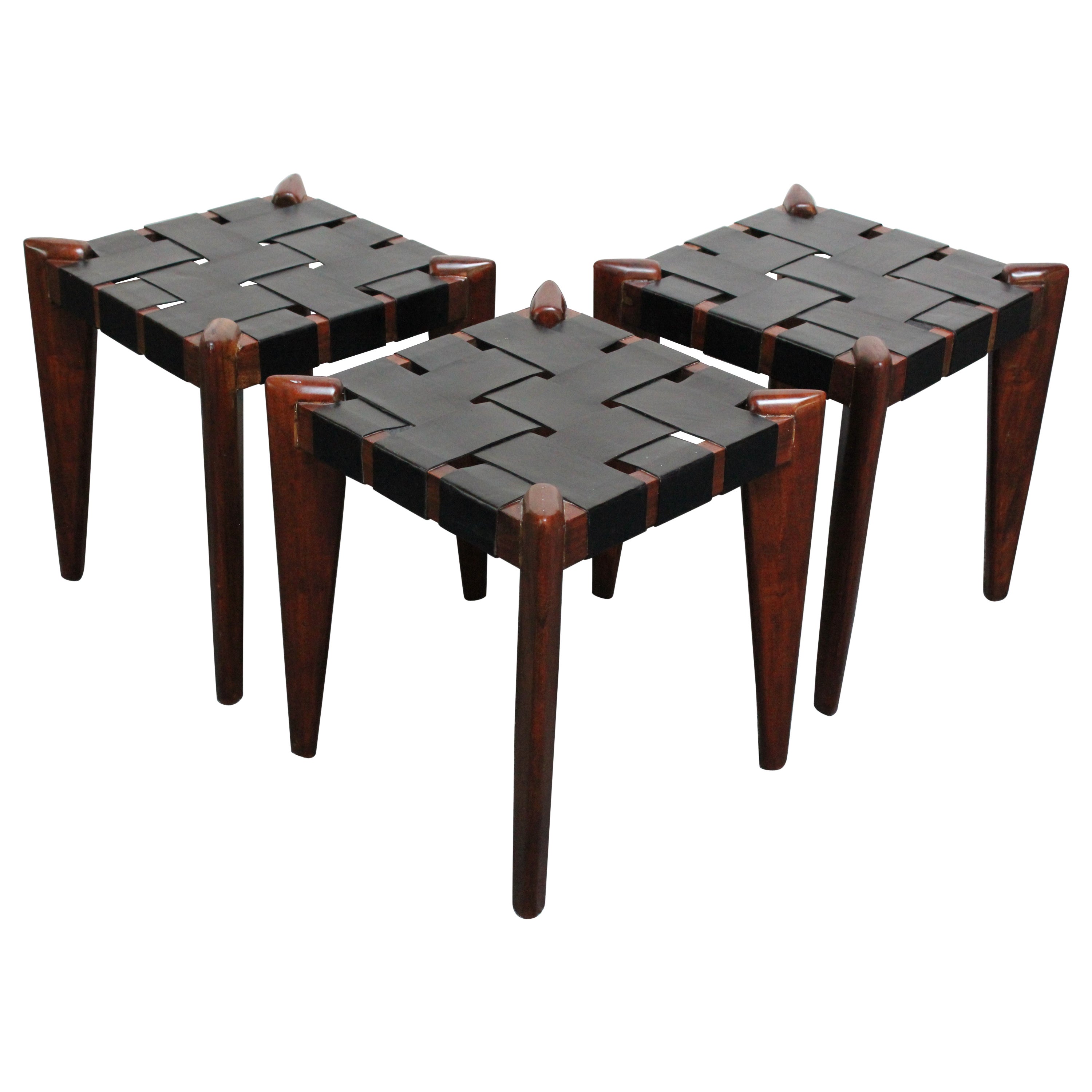 Set of Three Leather and Solid Stained Teak Stools by Edmond Spence