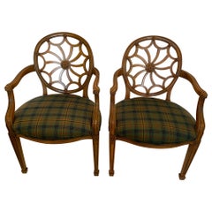 Retro Beautiful Pair of Wagon Wheel Walnut Armchairs with Plaid Seats