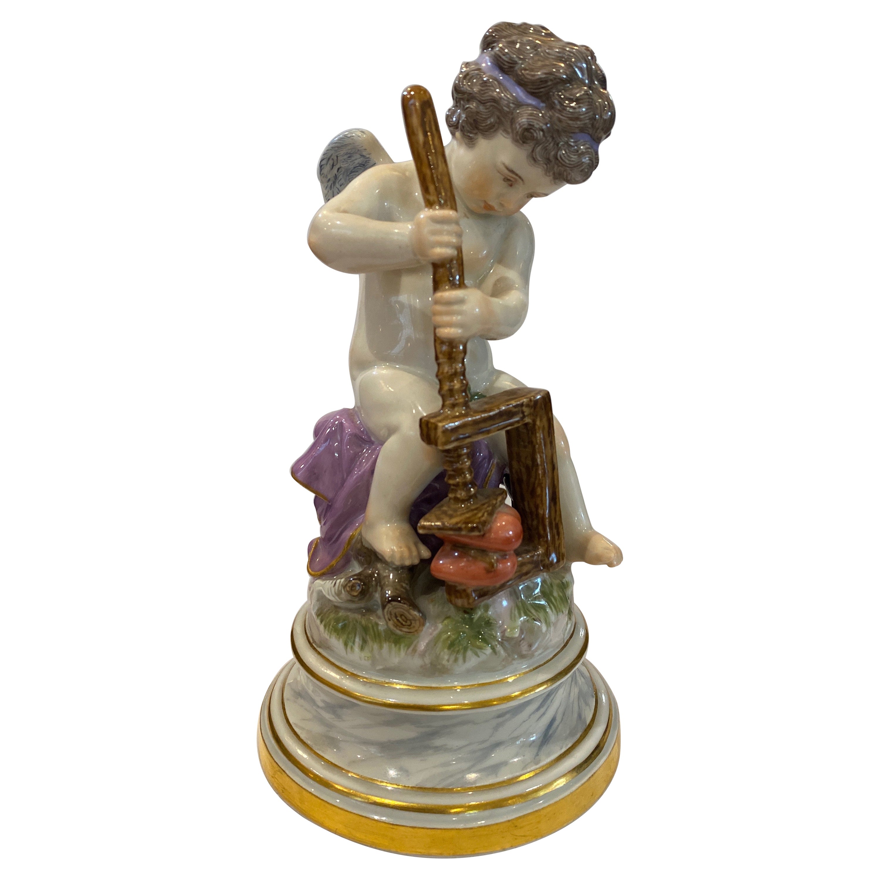 19th Century Meissen Porcelain Figure of Cupid with a Cheese Press
 For Sale