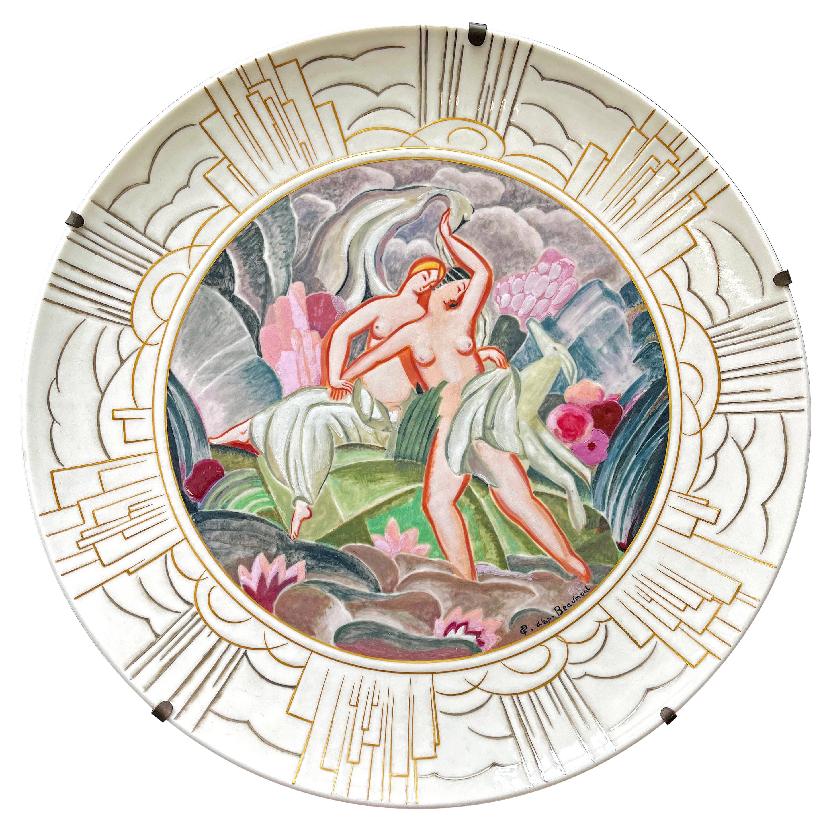 "Nudes in Paradise, " Spectacular Wall Charger, High Style Art Deco by Sevres For Sale
