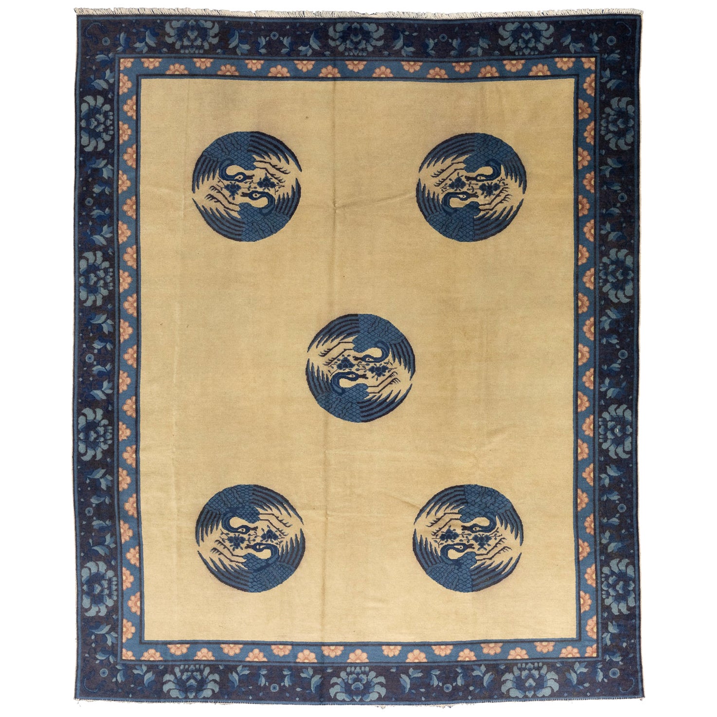 Antique Chinese Beige Field Peking Wool Rug, 1880-1900