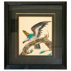 Rare Améthyste:: Jade & Pierre précieuse Peinture tridimensionnelle d'un oiseau Unique en son genre