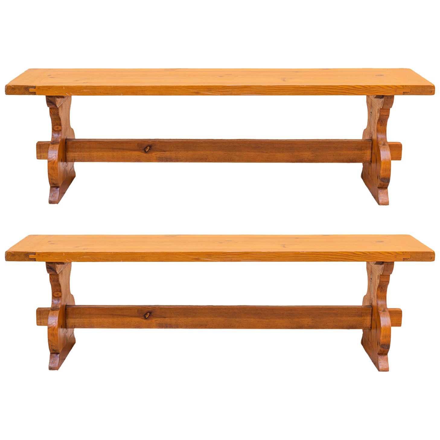 Brutalist Work, Pair of Solid Wood Benches, circa 1970, France