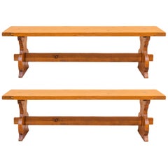 Brutalist Work, Pair of Solid Wood Benches, circa 1970, France