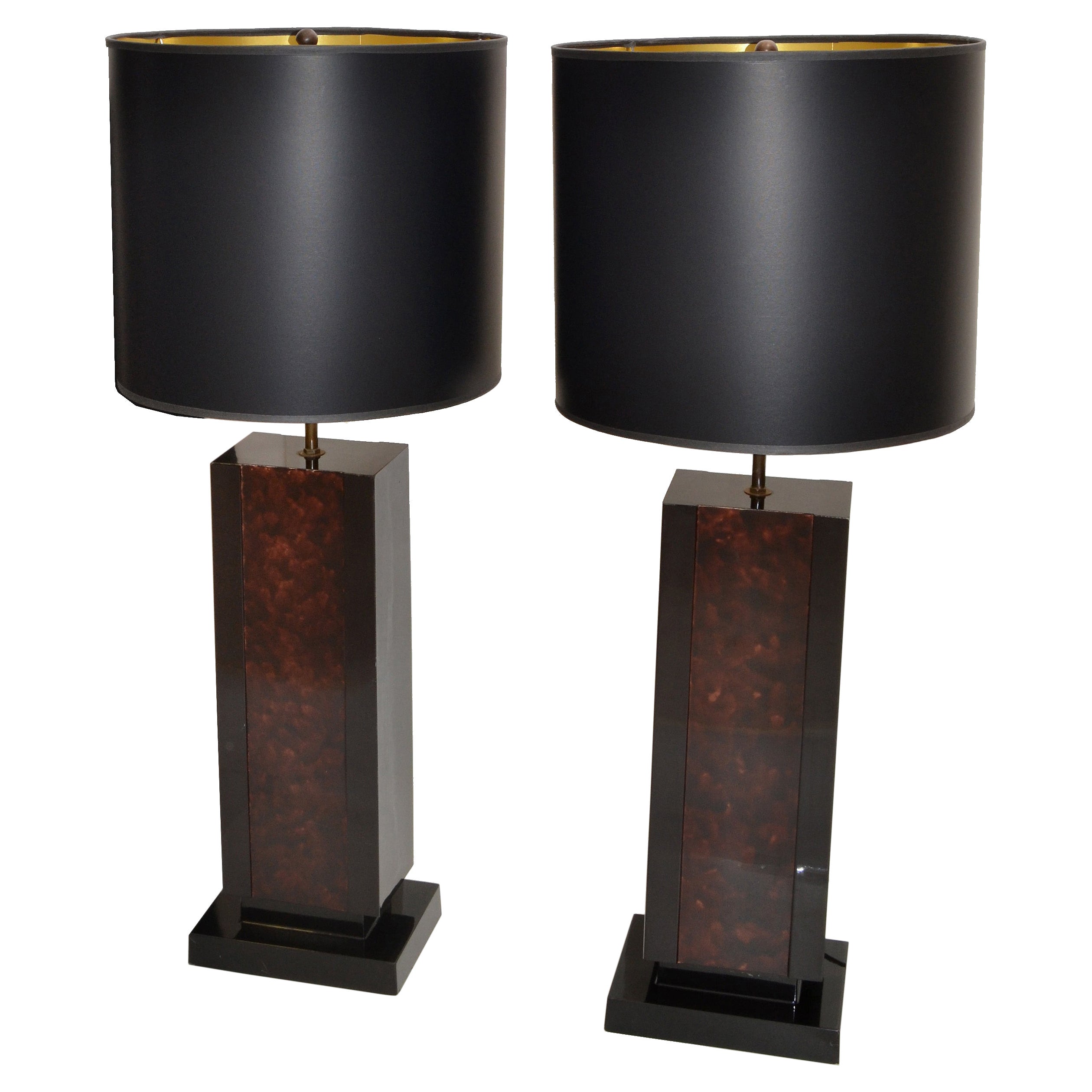 2 Maison Lancel Brass, Bronze & Black Glass French Mid-Century Modern Table Lamp For Sale