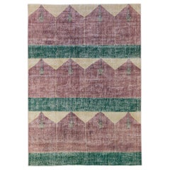 Türkischer Deko-Teppich mit geometrischem Motiv aus burgunderroter und grüner Wolle, handgefertigt
