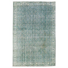Türkischer Deko-Teppich aus Wolle mit floralem Muster in Teal und Beige, handgefertigt