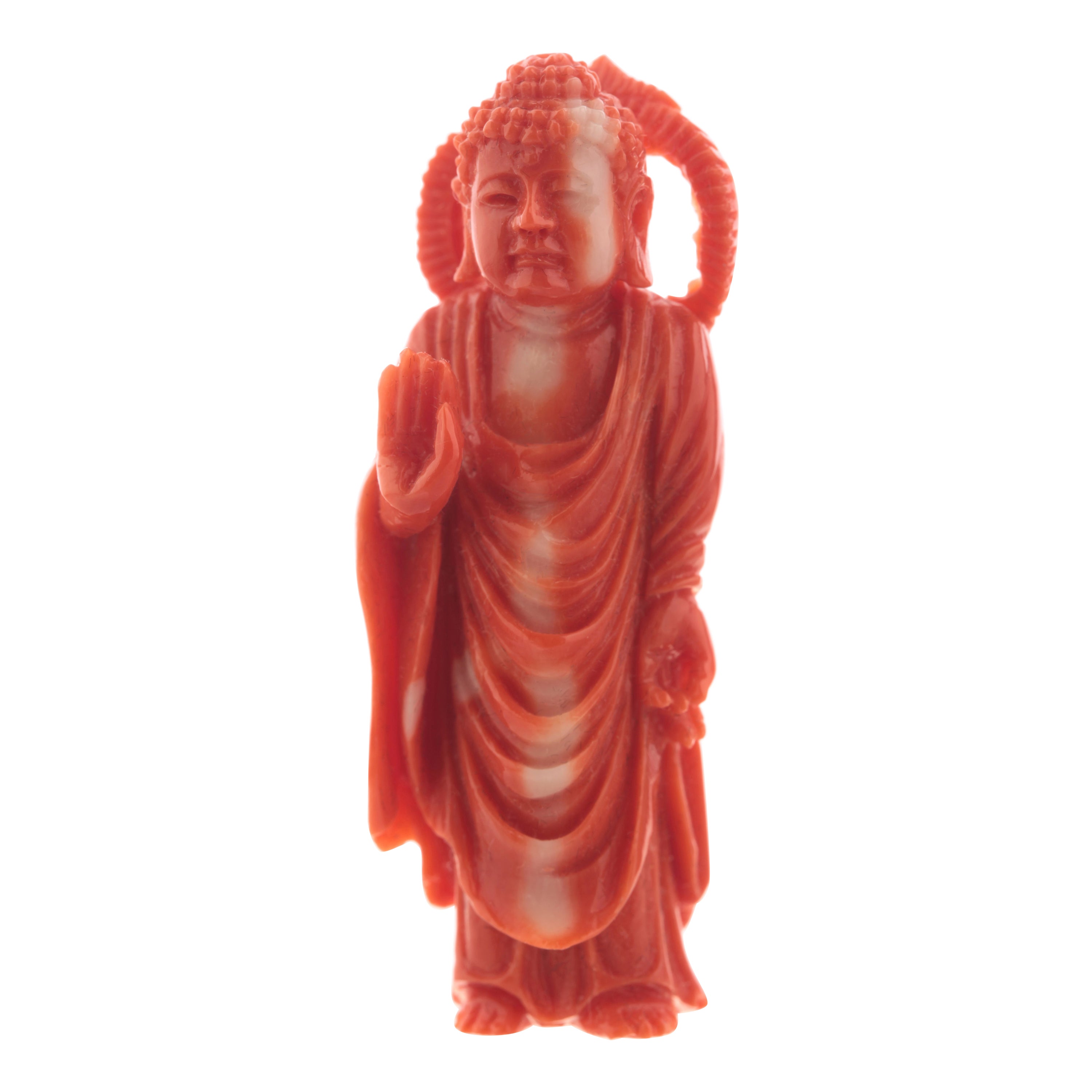 Buddhist Monk Carved Asian Decorative Art Statue Sculpture Natural Red Cor For Sale