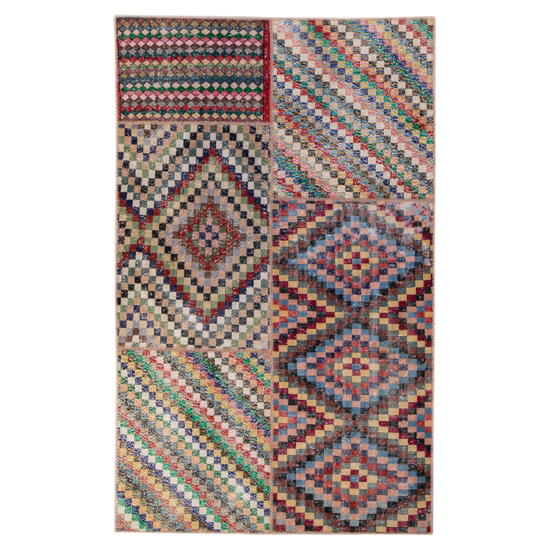 Vintage Turkish Handmade Patchwork Design Multicolor Wool Rug