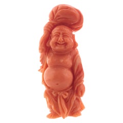 Laughing Buddha Carved Asian Decorative Art Statue Sculpture Natural Red Coral