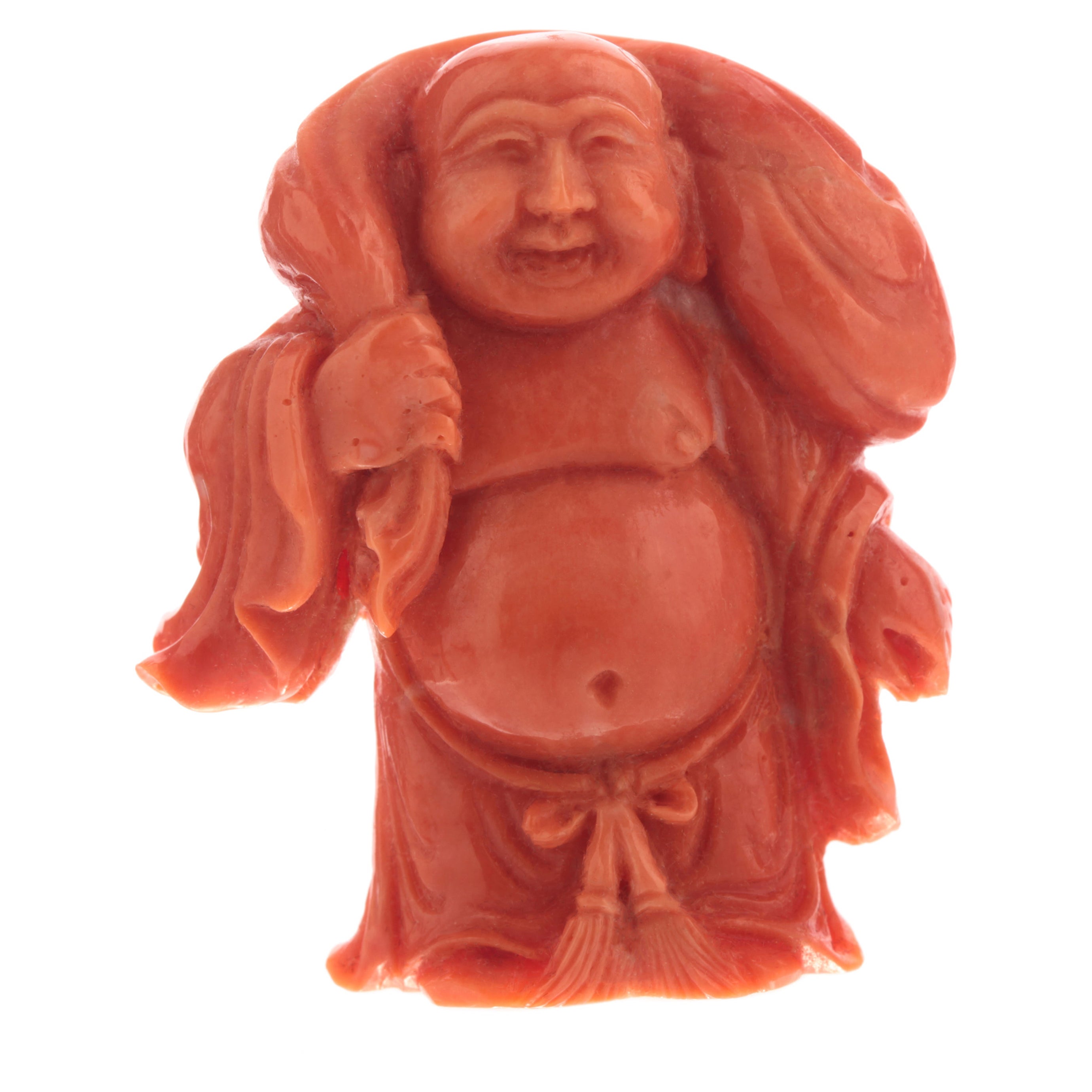 Laughing Buddha Carved Asian Decorative Art Statue Sculpture Natural Red Coral For Sale