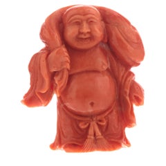 Laughing Buddha Carved Asian Decorative Art Statue Sculpture Natural Red Coral