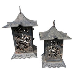 Japanese Pair Antique "Natures Green Garden" Flower Garden Lanterns