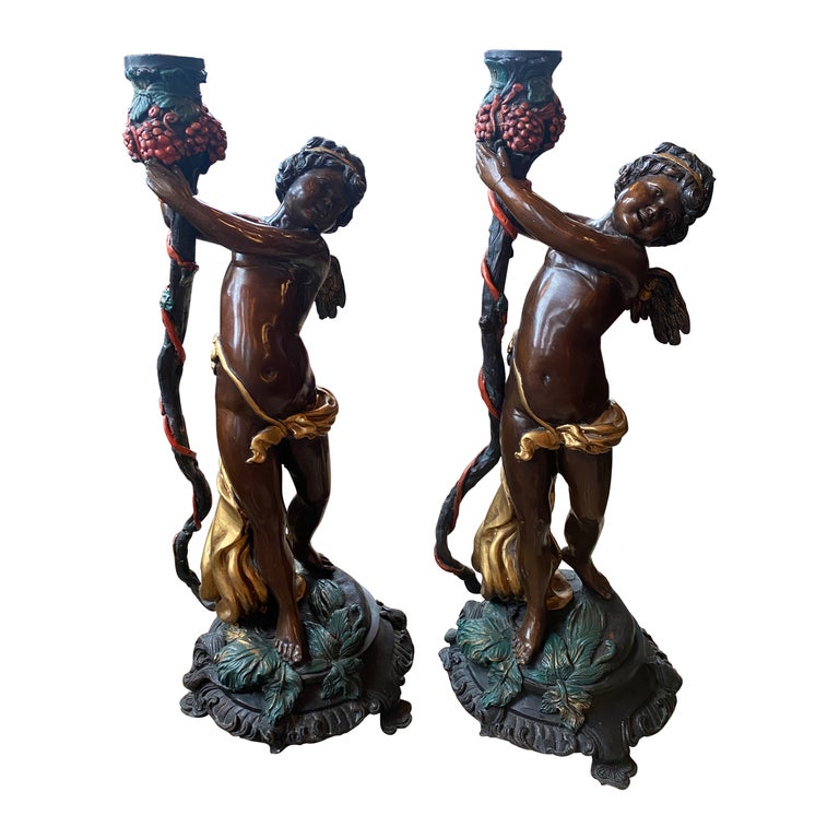 Pair of 19th Century Neoclassical Bronze Cherub Statues For Sale