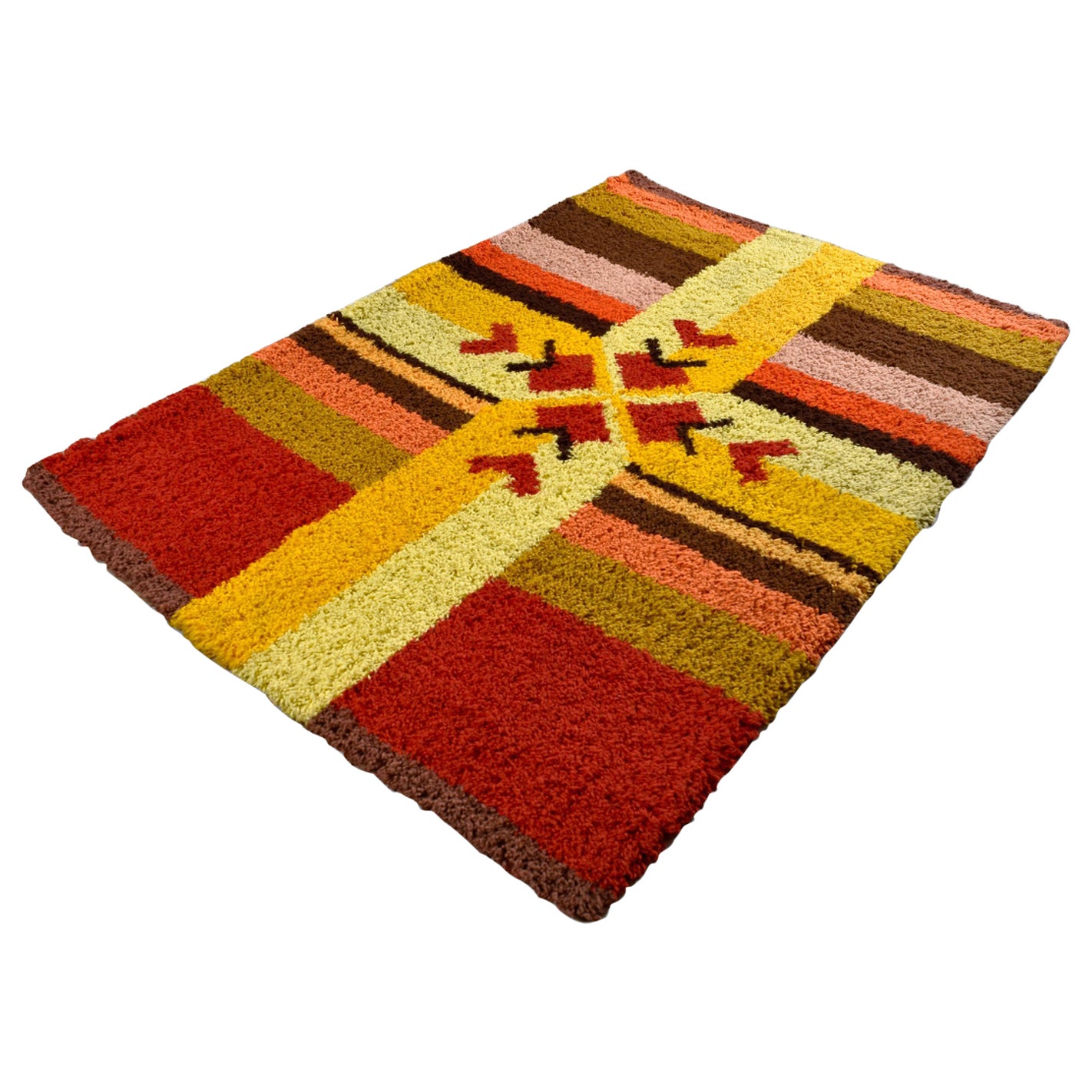 Red Yellow Orange and Brown Vintage Rya Rug Wall Hanging