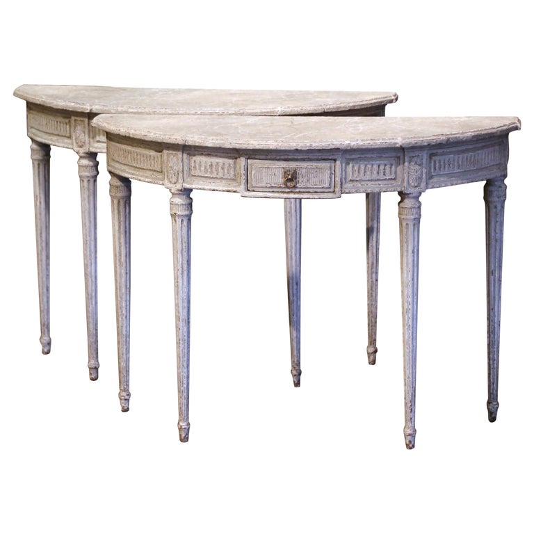 Pair of 19th Century French Louis XVI Carved Painted Demilune Console Tables For Sale