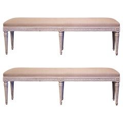 Pair of 19th Century French Louis XVI Carved and Painted Six-Leg Benches