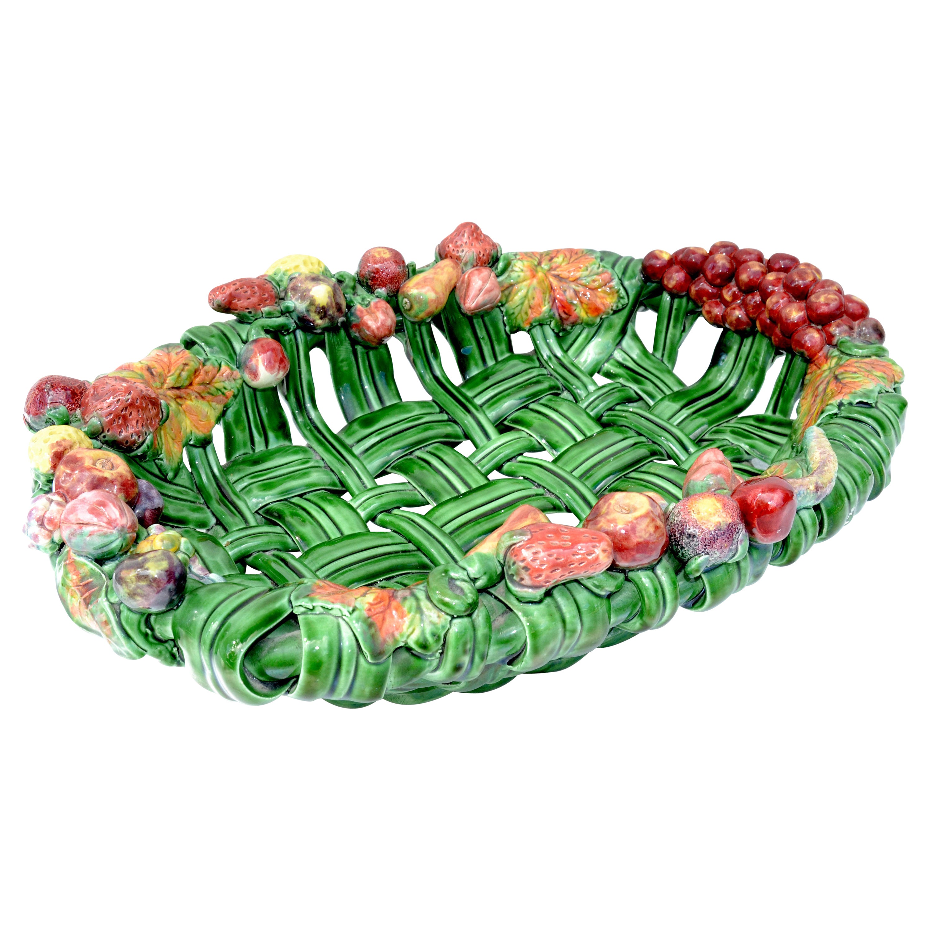Vallauris France Glazed Woven Ceramic Basket Pink & Green Strawberry Pottery 70