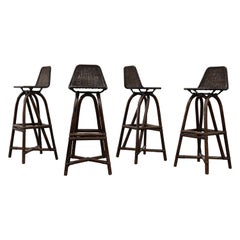 Set of Four Charlotte Perriand Inspired Dark Brown Bamboo Extra Tall Bar Stools