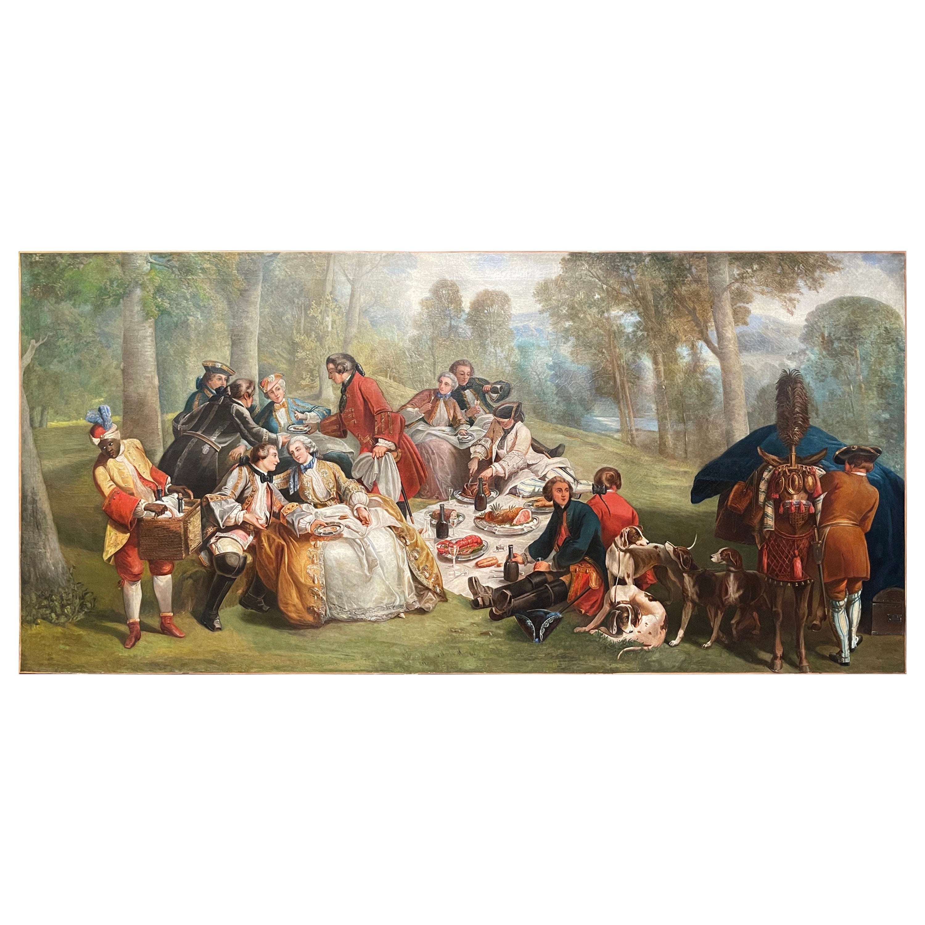 19th Century French Oil on Canvas Painting "La Halte de Chasse" After C. Van Loo