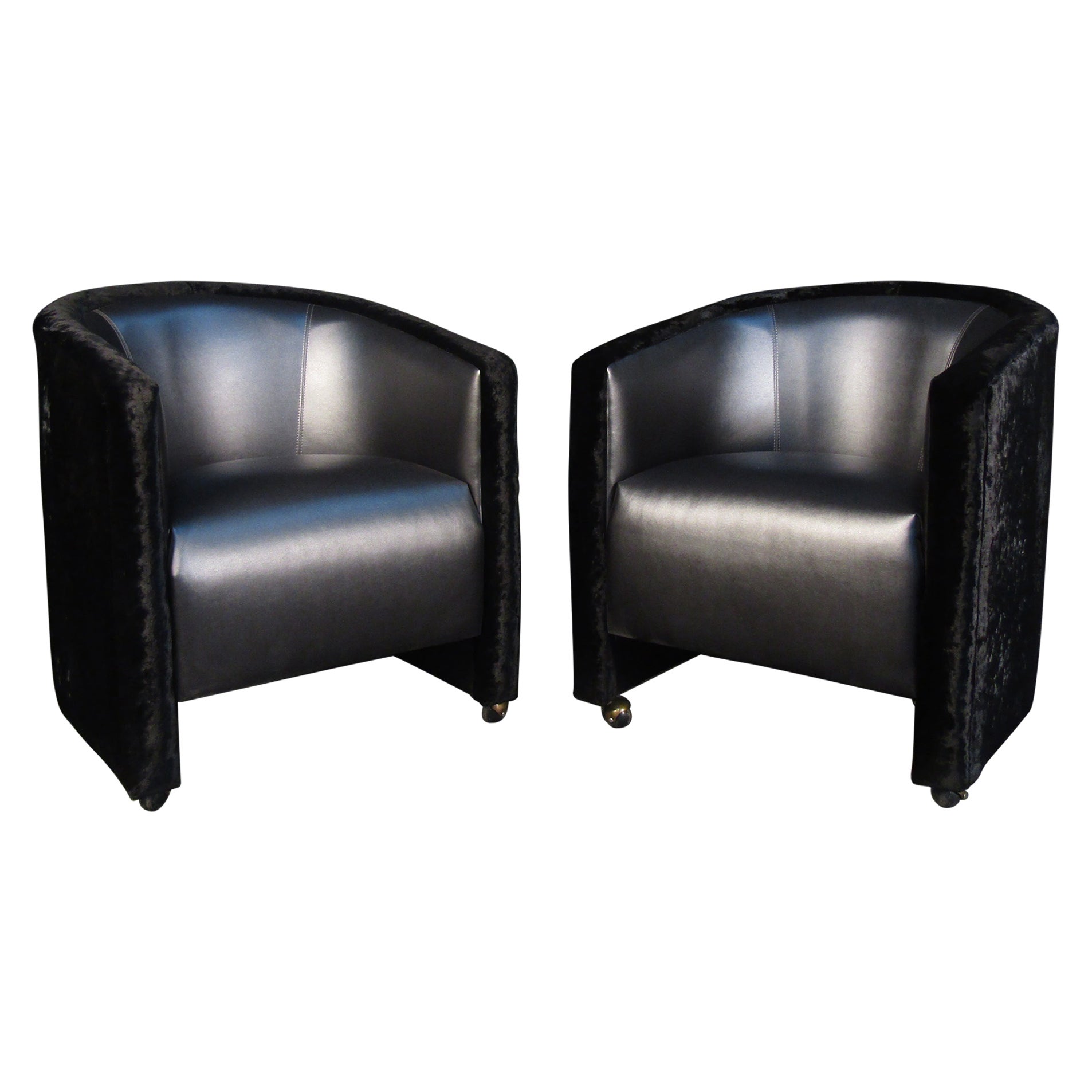 Pair of Black Vintage Club Chairs in Velvet and Vinyl For Sale