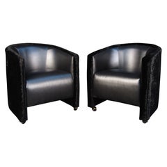 Paire de fauteuils club noirs vintage en velours et vinyle