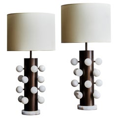 Pair of Light Bronze Finish Brass Table Lamps with Alabaster Spheres