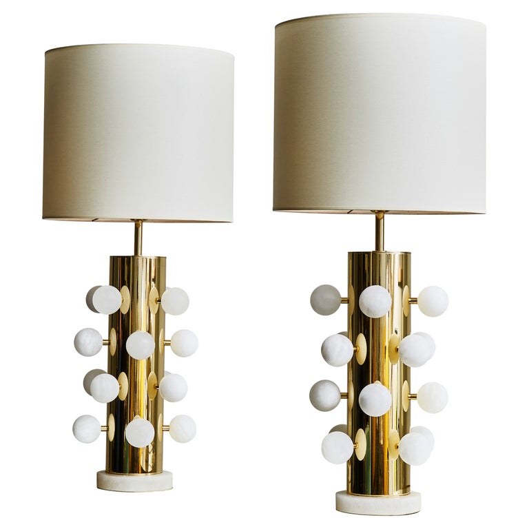 Pair of Polished Brass Table Lamps with Alabaster Spheres For Sale