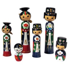 Collection of 6 Vintage Kokeshi Bobble Head Dolls