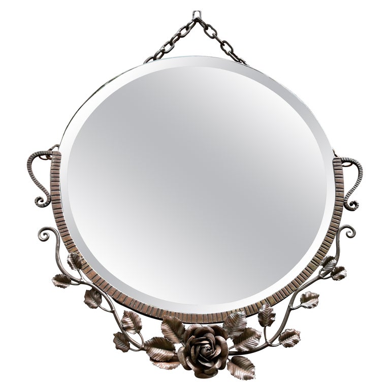 Top Quality French Art Deco Wrought Iron Beveled Wall Mirror w. Hand ...
