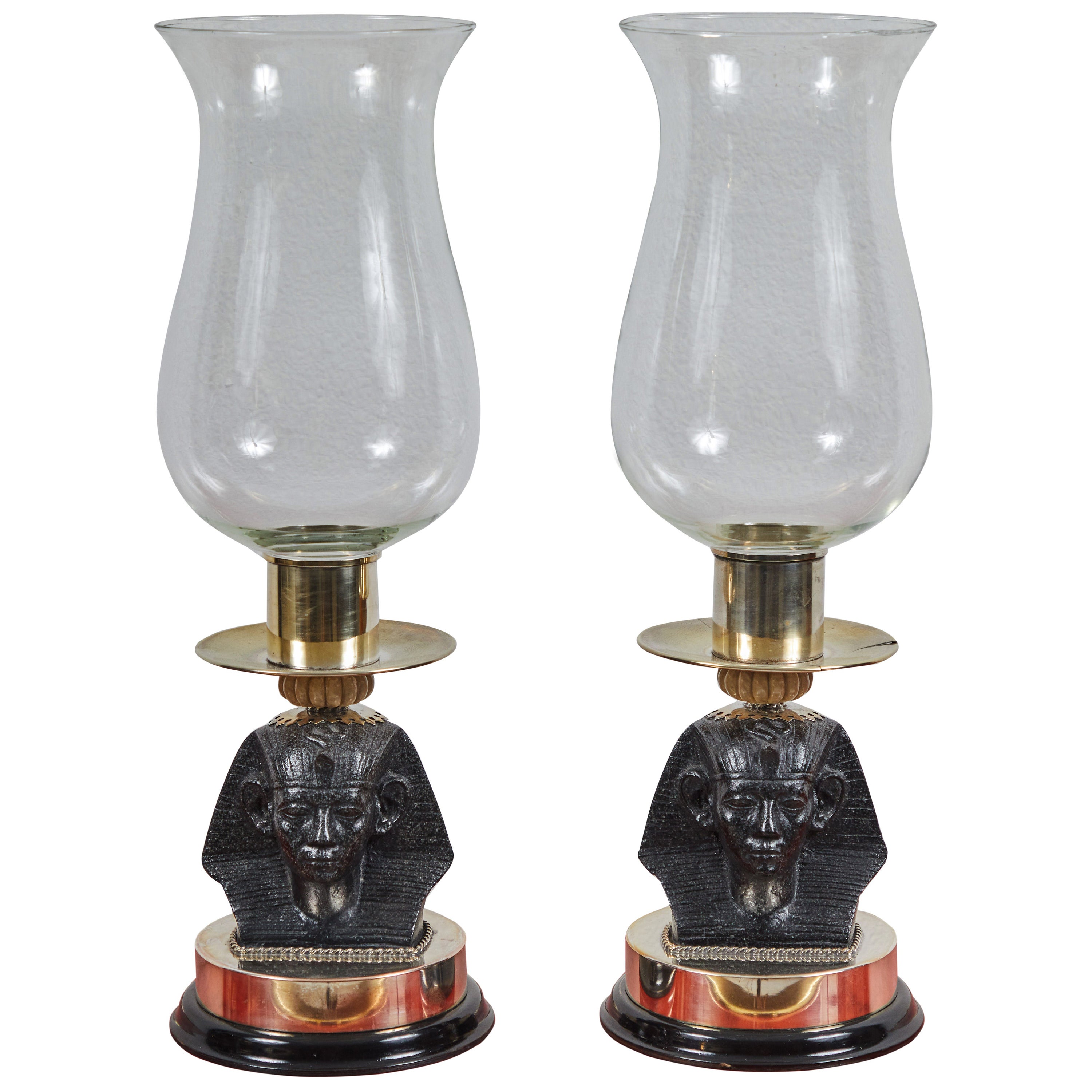 Pair of Egyptian Style Hurricane Glass Candle Holders by Antony Redmile