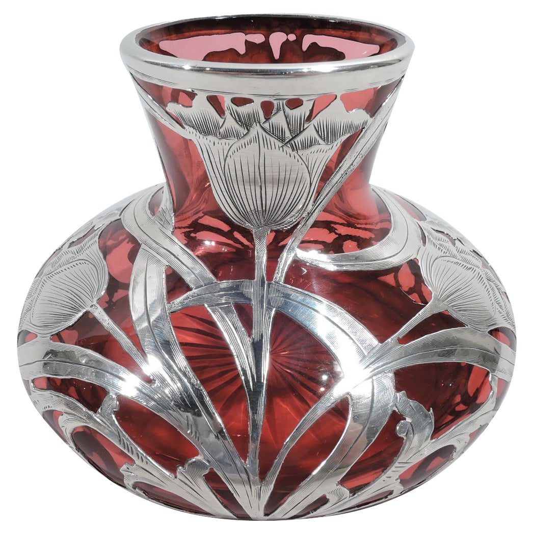 Antique Alvin Art Nouveau Red Silver Overlay Vase