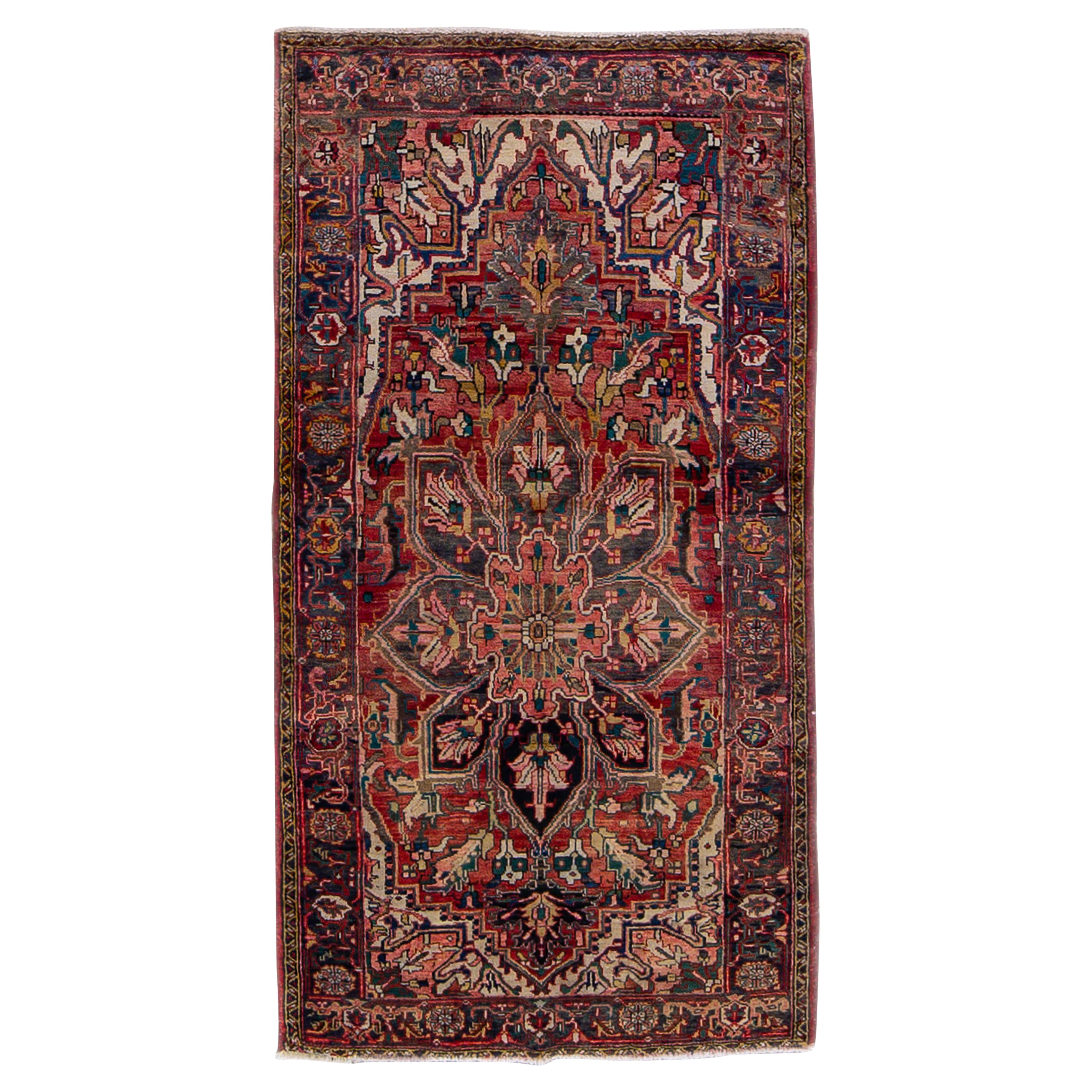 Antiker persischer Heriz-Roter handgefertigter Medaillon-Teppich aus geblümter Wolle