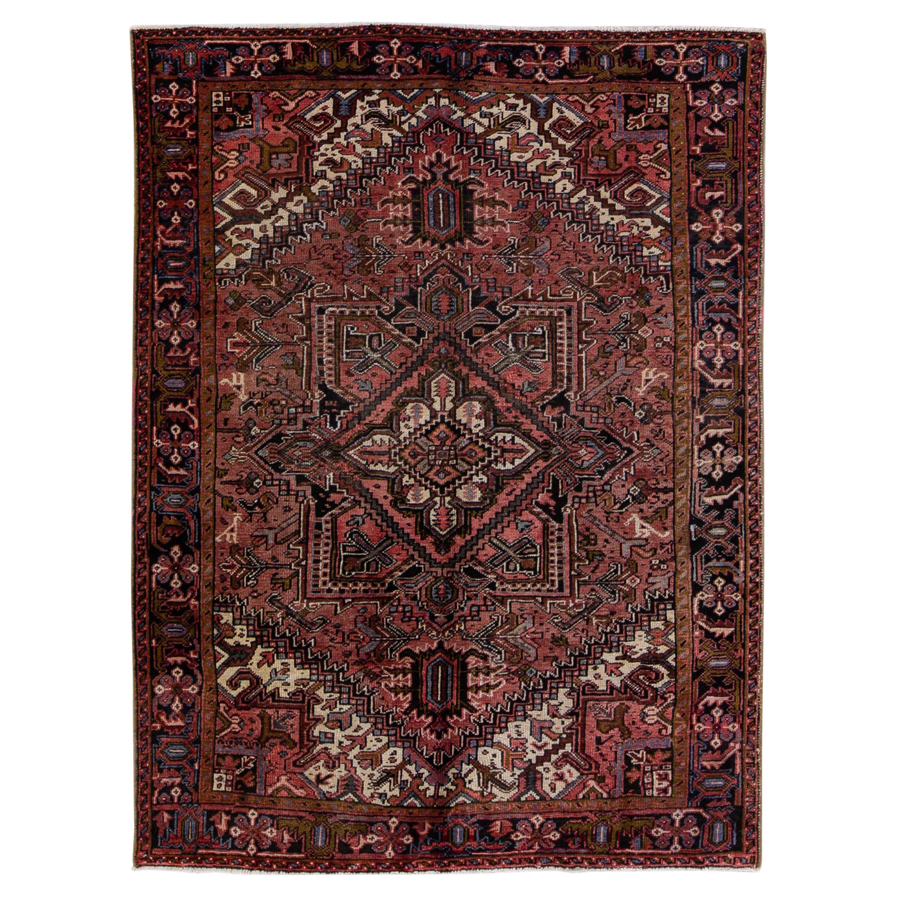 Antiker, handgefertigter, antiker Heriz-Teppich aus rostfarbener Wolle mit Medaillonmotiv