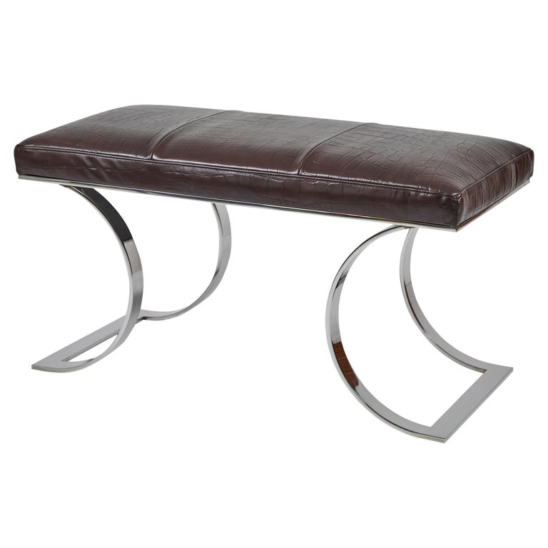 Stainless Steel and Leather "JMF Bench" by Karl Springer For Sale